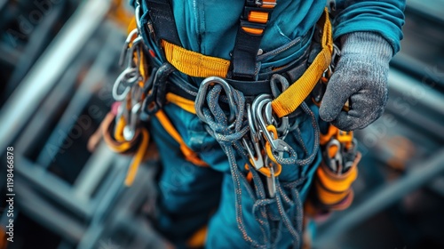 Worker in safety gear equipped with climbing harness and tools, preparing for high-altitude task