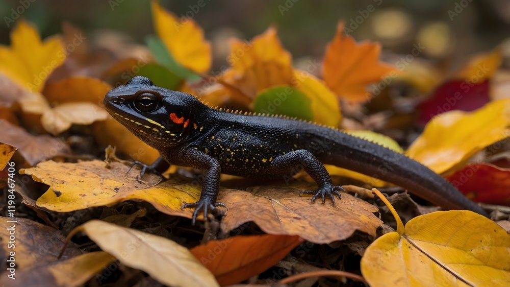 Obraz premium Autumn Adventure: Palmate Newt Moving Through Fallen Leaves