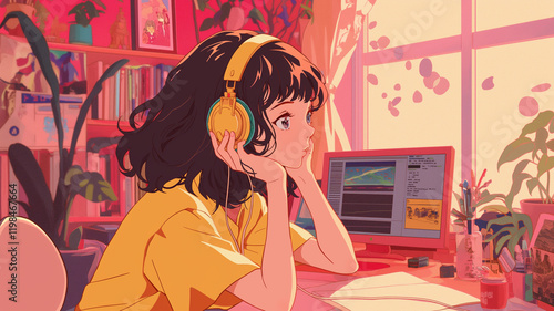 自分の部屋で音楽を聴きながらリラックスしている少女のアニメイラスト。日本のアニメーションをイメージして作成されている。古い、平成、昭和、シティポップをモチーフにしている。 photo