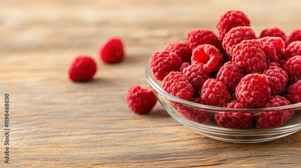 A glass bowl filled with plump fresh raspberries rests on a rustic wooden table, highlighting the rich colors and textures of the fruit A glass bowl filled with plump fresh raspberries rests on a rustic wooden table, highlighting the rich colors and textures of the fruit