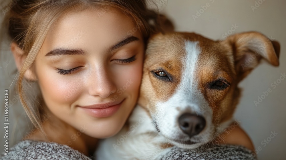 Young woman joyfully embracing her adorable dog, showcasing love and companionship in a cozy setting Young woman joyfully embracing her adorable dog, showcasing love and companionship in a cozy setting