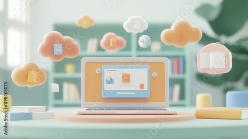 Laptop with colorful cloud icons representing online services.