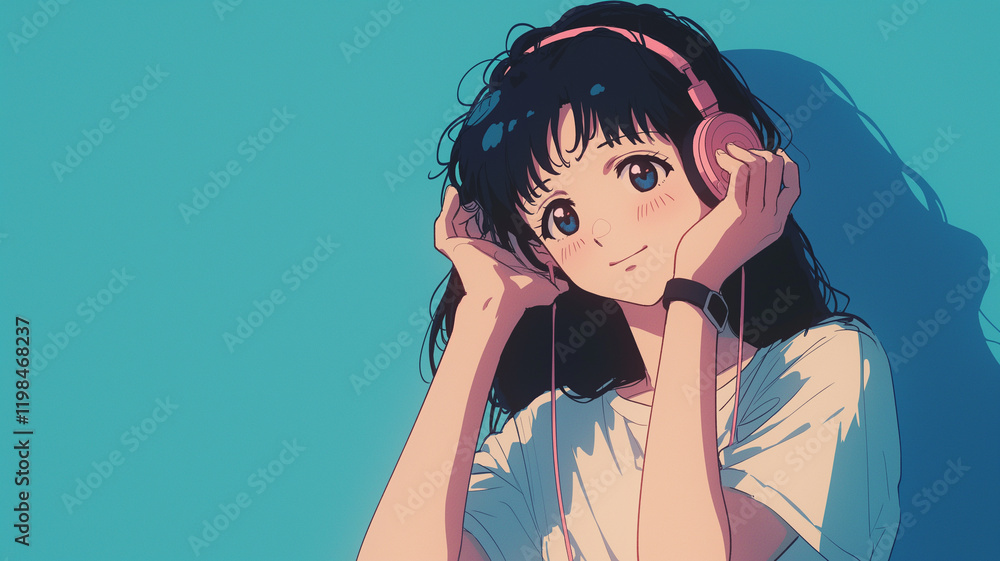 懐かしい日本のアニメタッチで描かれている音楽を楽しんでいる少女のアニメイラスト。日本のアニメーションをイメージして作成されている。古い、平成、昭和、シティポップをモチーフにしている。 懐かしい日本のアニメタッチで描かれている音楽を楽しんでいる少女のアニメイラスト。日本のアニメーションをイメージして作成されている。古い、平成、昭和、シティポップをモチーフにしている。