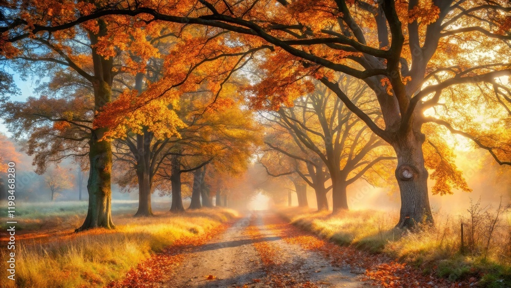 Golden Autumn Sunlight Illuminates a Path Through a Canopy of Majestic Trees Golden Autumn Sunlight Illuminates a Path Through a Canopy of Majestic Trees