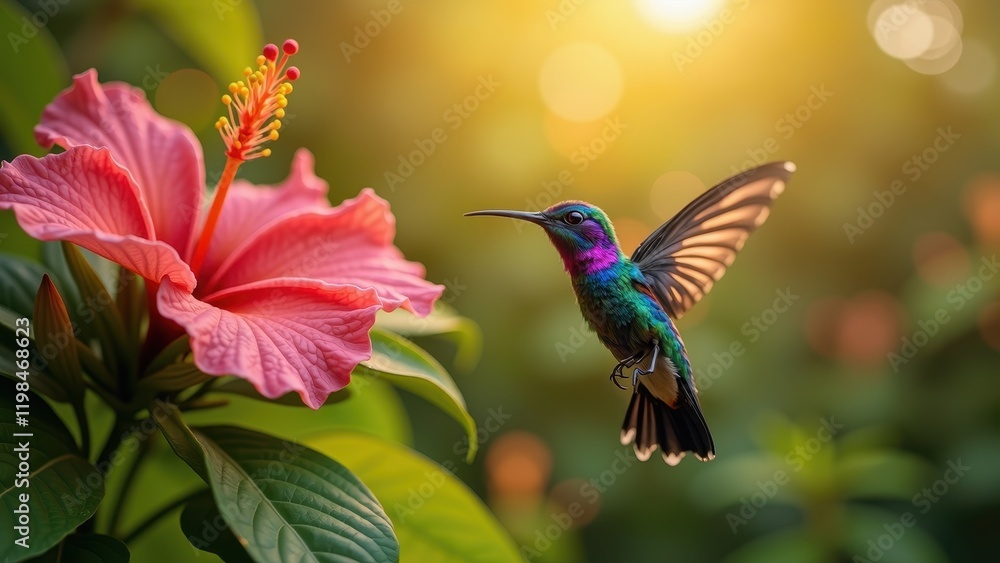 Fototapeta premium A vibrant hummingbird soars to the right, showcasing iridescent feathers of blue, green, and purple with striking black accents. Its slender, curved beak points elegantly leftward, capturing a mesmeri