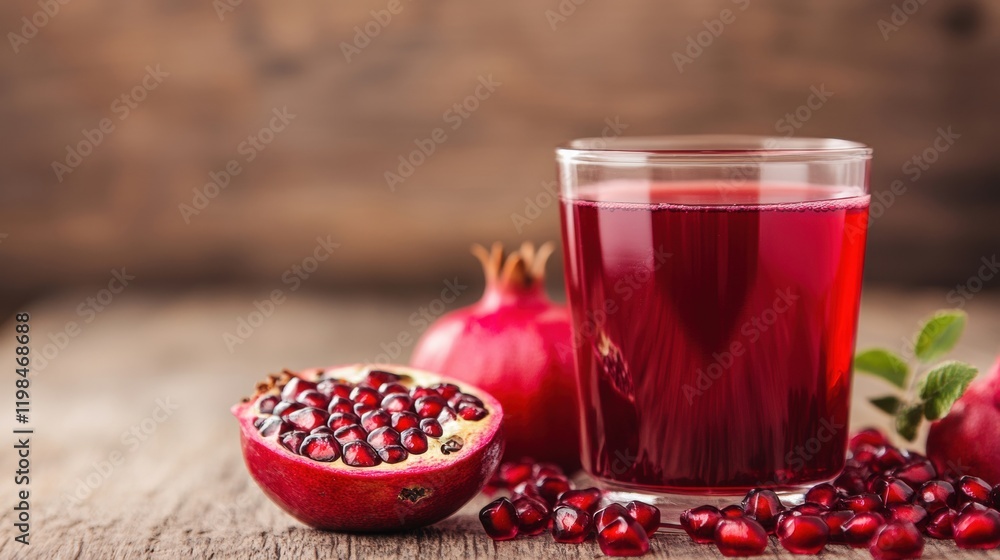 Bright red pomegranates and a glass of juice rest on a weathered wooden table, showcasing their rich colors and textures Bright red pomegranates and a glass of juice rest on a weathered wooden table, showcasing their rich colors and textures