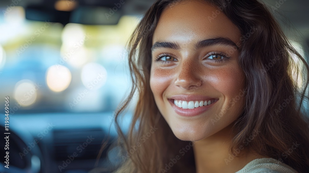 Fototapeta premium Young woman smiling warmly inside a car, with blurred city traffic in the background during daytime