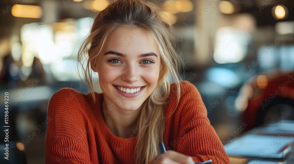 Young woman smiling warmly while working at a cafe, surrounded by a cozy atmosphere and soft lighting Young woman smiling warmly while working at a cafe, surrounded by a cozy atmosphere and soft lighting