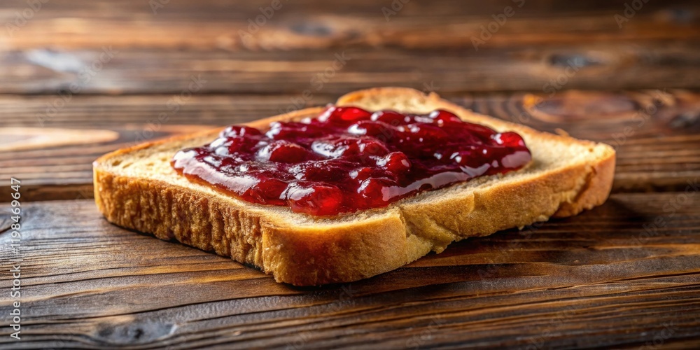 A slice of toasted bread topped with a generous spread of glistening red berry preserve rests on a rustic wooden surface. A slice of toasted bread topped with a generous spread of glistening red berry preserve rests on a rustic wooden surface.