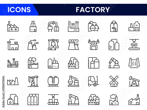 Factory icon set. Containing industry, production, machine, manufacture, warehouse, fabrication, goods and more. icons collection.