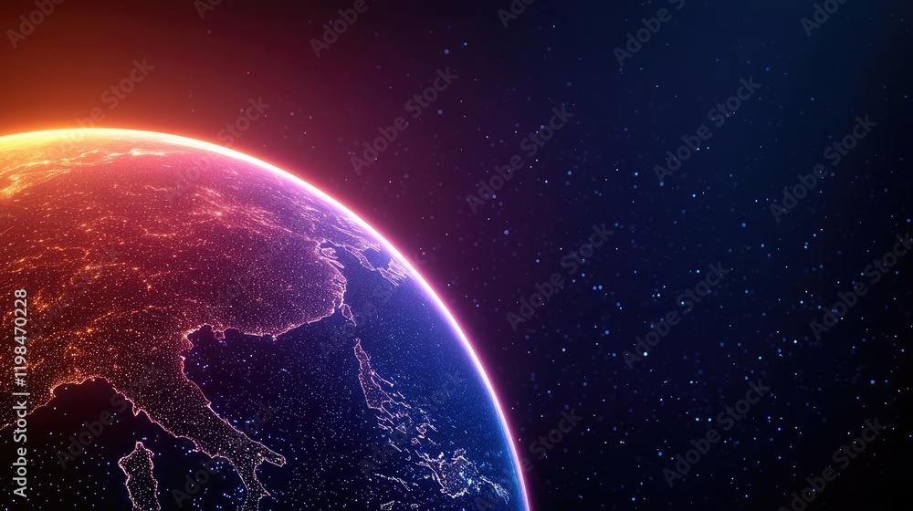 Obraz premium Dust pollution concept. Stunning view of Earth from space with vibrant colors and stars in the background.