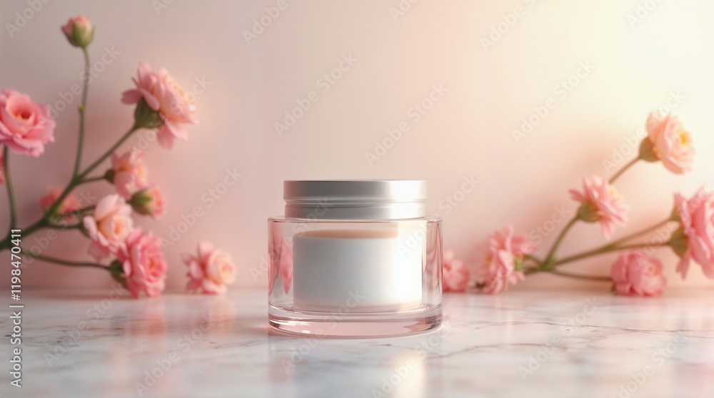 Cosmetic Jar Mockup, Glass Jar with Pink Flowers on Marble Skincare Background Cosmetic Jar Mockup, Glass Jar with Pink Flowers on Marble Skincare Background