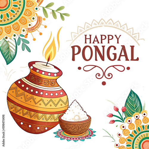 Bright and colourful design with Happy Pongal text and lamp illustration isolated on a white background, 
PNG transparent
 photo