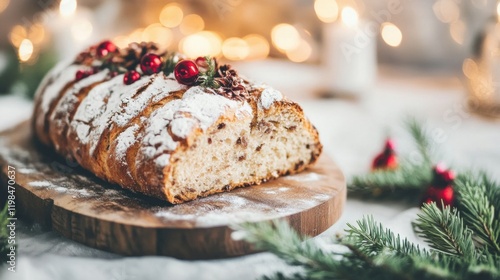 Sliced stollen bread with berries and nuts, set on a wooden board surrounded by festive greenery, celebrating Christmas Eve traditions
