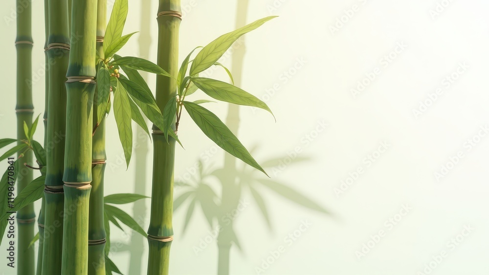 Obraz premium Five lush bamboo stalks, adorned with vibrant green leaves, stand elegantly in an indoor setting. Thin brown bands embrace each stalk, enhancing their natural beauty against a subtle backdrop