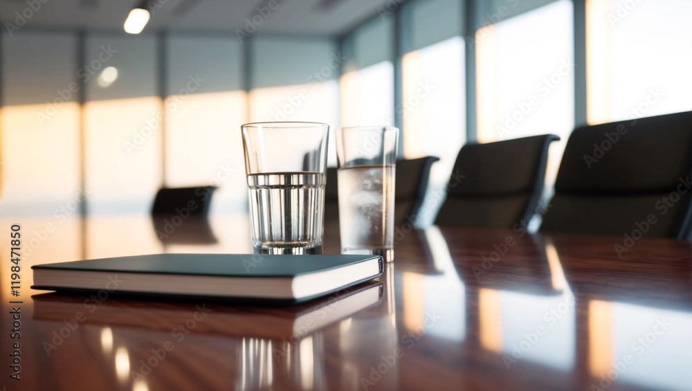 a modern conference table made of polished wood, with a glass of water placed on it. The background shows a blurred office interior with large windows letting in soft sunlight. a modern conference table made of polished wood, with a glass of water placed on it. The background shows a blurred office interior with large windows letting in soft sunlight.