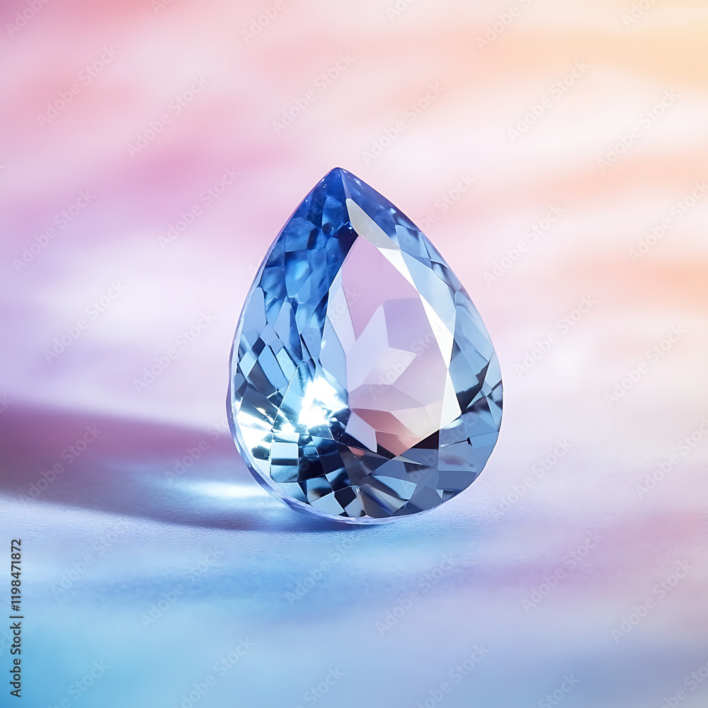 Single radiant blue gemstone with a teardrop cut, set against a soft pastel background with subtle lighting effects Single radiant blue gemstone with a teardrop cut, set against a soft pastel background with subtle lighting effects