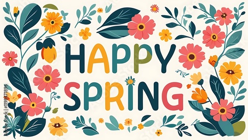 Happy Spring Floral Design Featuring Colorful Flowers and Leaves