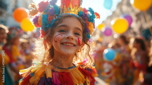 a lively scene of children in costumes parading outdoors, dressed as characters like kings, queens, and clowns, holding colorful props, surrounded by cheering parents 