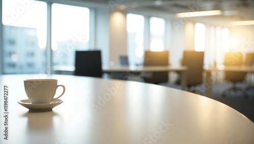 Wallpaper Mural the edge of a sleek oval conference table, featuring a coffee cup.. The background is a softly blurred office space with open plan desks and glowing morning light streaming. Torontodigital.ca