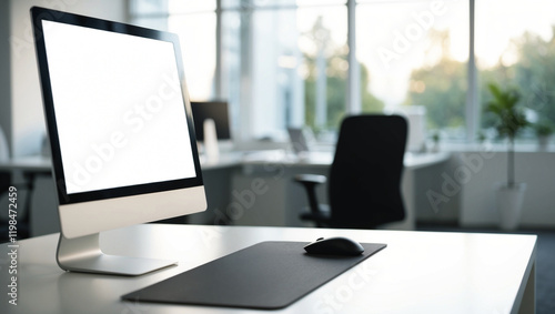 Wallpaper Mural A minimalist desktop computer setup captured in sharp focus with a blurred office background.  Torontodigital.ca