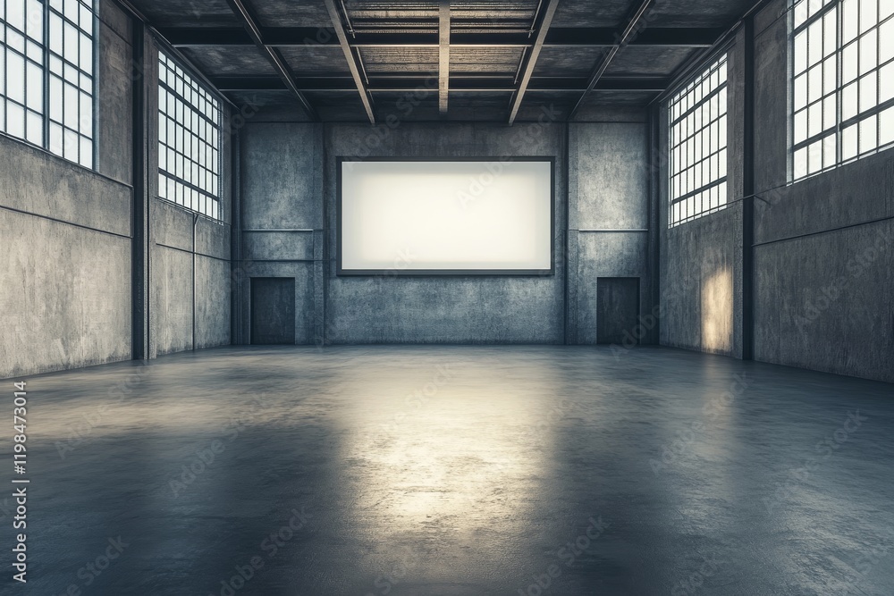Empty industrial warehouse with large blank screen. Empty industrial warehouse with large blank screen.