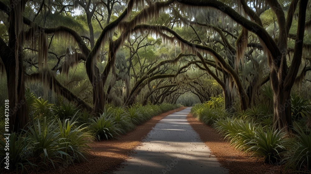 Fototapeta premium spanish moss,Serene Forest Trail Covered by Trees Draped in Spanish Moss