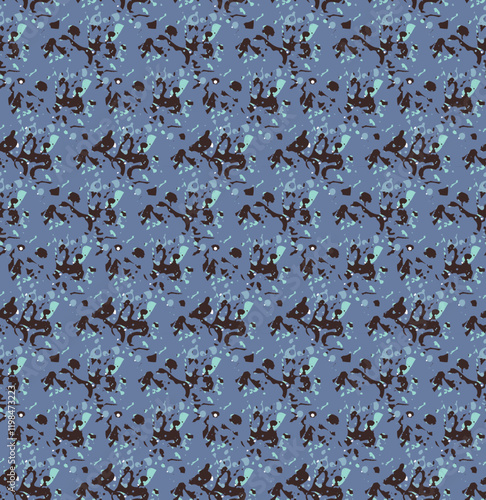 Seamless pattern featuring a complex and dynamic abstract design. Shades of blue and brown creating a cool and earthy color palette. Versatile background option for digital designs or social media.