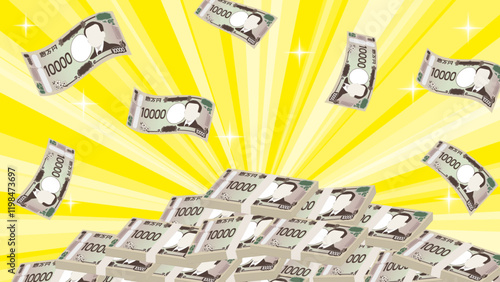 地面に積まれた札束と空にお札が舞うイラスト　一攫千金のイメージ