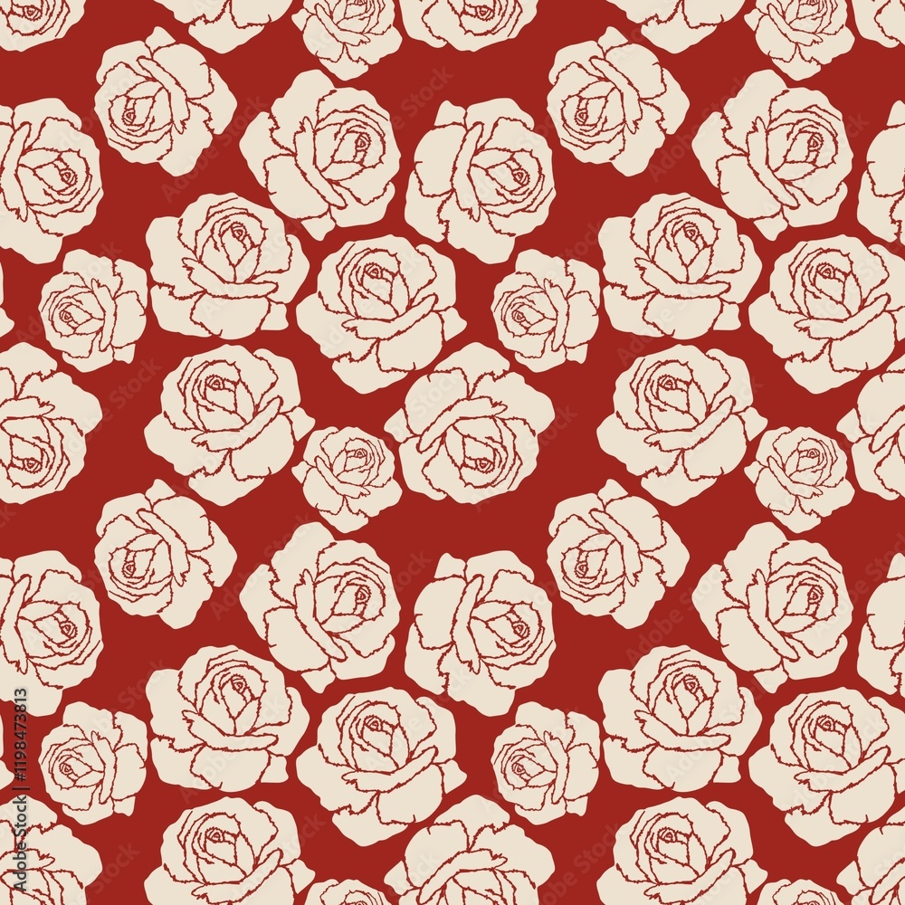 Seamless Pattern Royal Rose in Red. Floral Elegant Rose Garden Illustration. Flower Rose Repeat Pattern Fabric Vintage. Seamless Pattern Royal Rose in Red. Floral Elegant Rose Garden Illustration. Flower Rose Repeat Pattern Fabric Vintage.