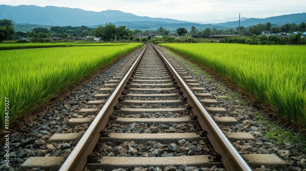 Scenic View of Railroad Tracks Cutting Through Lush Green Rice Fields with Majestic Mountains in the Background Under a Soft Overcast Sky Scenic View of Railroad Tracks Cutting Through Lush Green Rice Fields with Majestic Mountains in the Background Under a Soft Overcast Sky