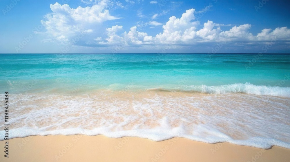 Obraz premium Tropical Beach Paradise Turquoise Ocean, White Waves, and Blue Sky with Fluffy Clouds.