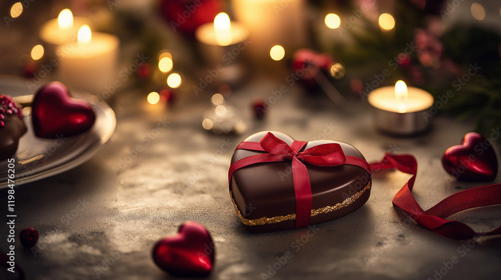 Fototapeta premium Heart-shaped chocolate box with red ribbon, glowing in candlelight, evokes romance and warmth for Valentine's Day.