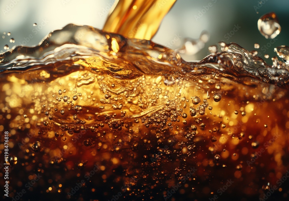 Captivating Close-Up of Amber Liquid with Bubbles and Splashes, Showcasing the Beautiful Dynamics of Fluid Motion and Light Interaction in Refreshing Beverage Captivating Close-Up of Amber Liquid with Bubbles and Splashes, Showcasing the Beautiful Dynamics of Fluid Motion and Light Interaction in Refreshing Beverage
