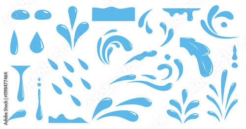 Set of water drops, splash, rain, waves, pouring, spray, water design elements