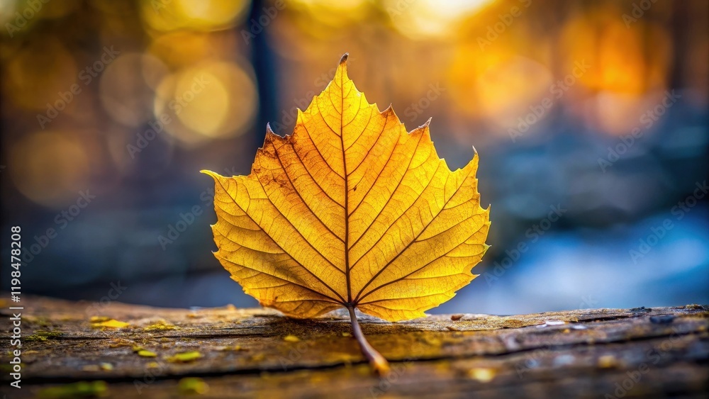 Golden Autumn Leaf on Rustic Wood, Backlit by Warm Sunlight, Evokes Serenity and the Beauty of Nature's Cycle Golden Autumn Leaf on Rustic Wood, Backlit by Warm Sunlight, Evokes Serenity and the Beauty of Nature's Cycle