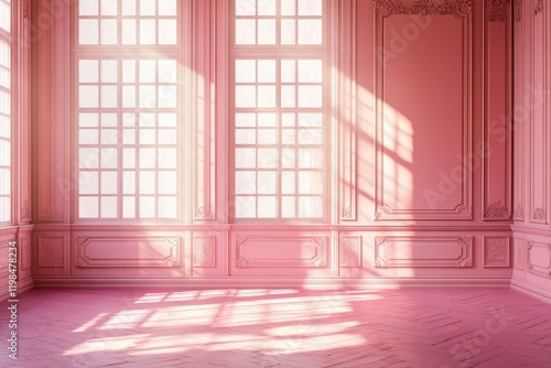 Sunlit pink room with large windows and ornate moldings. photo