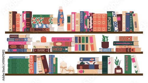 Set of different book spines. Home library. Fiction, scientific research, textbooks and encyclopedias. Student bookshelves. Vector illustration isolated on transparent background.