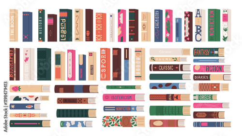 Set of spines of different books. Elements for compiling a library. Fiction, Scientific research, textbooks and encyclopedias. Vector illustration isolated on a transparent background.