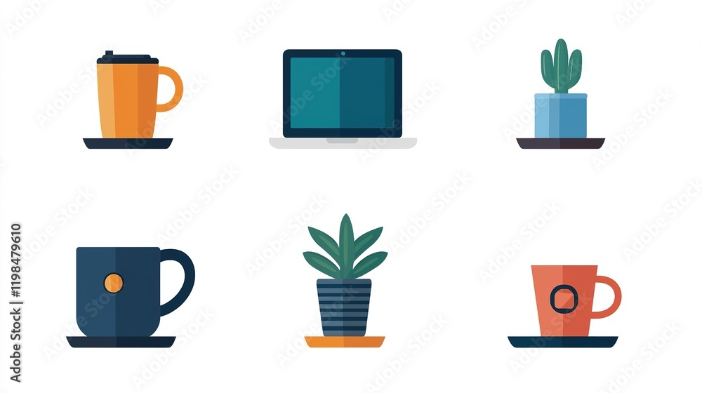 A series of icons depicting common workplace tools, such as laptops and coffee mugs, designed with a flat style for clarity. A series of icons depicting common workplace tools, such as laptops and coffee mugs, designed with a flat style for clarity.