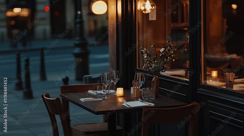 Romantic Parisian bistro table setting at dusk. Romantic Parisian bistro table setting at dusk.