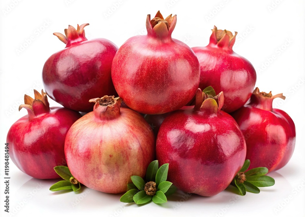 Pyramid of Ripe Red Pomegranates with Leaves - A pyramid arrangement of fresh, ripe pomegranates with vibrant red skin and green leaves, showcasing their glossy texture and freshness.
Pyramid of Ripe Red Pomegranates with Leaves - A pyramid arrangement of fresh, ripe pomegranates with vibrant red skin and green leaves, showcasing their glossy texture and freshness.