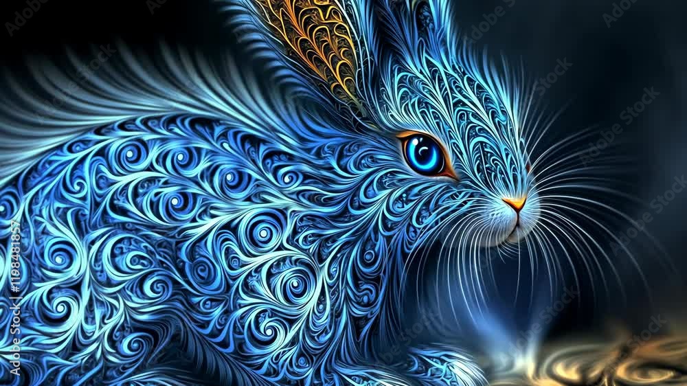 Colorful, intricate blue rabbit with swirling patterns showcases artistic design and creativity in a magical setting Colorful, intricate blue rabbit with swirling patterns showcases artistic design and creativity in a magical setting