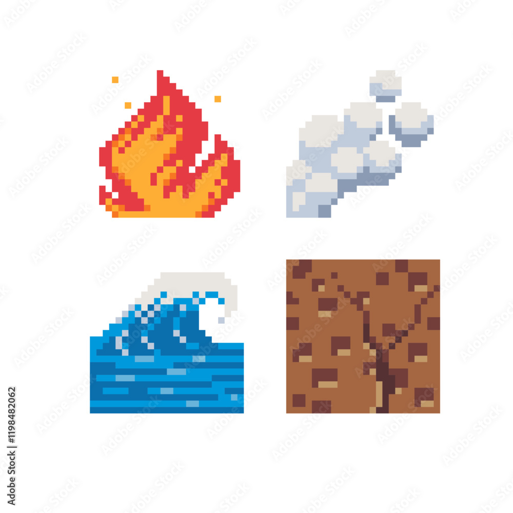 Fototapeta premium Natural Elements Pixel Art Icons Set, Earth, Water, Air, Fire, sign, isolated vector illustration. Design for web site, app, sticker. Waves, ground, smoke and flame. Game assets.