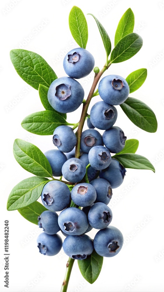 Cluster of Blueberries on Stem with Leaves - A ripe cluster of blueberries growing on a stem, accented by fresh green leaves, symbolizing natural freshness and vibrant color.
Cluster of Blueberries on Stem with Leaves - A ripe cluster of blueberries growing on a stem, accented by fresh green leaves, symbolizing natural freshness and vibrant color.