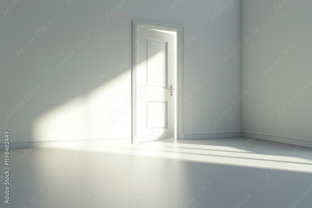 Sunlight streams through an open door in a minimalist room. Sunlight streams through an open door in a minimalist room.
