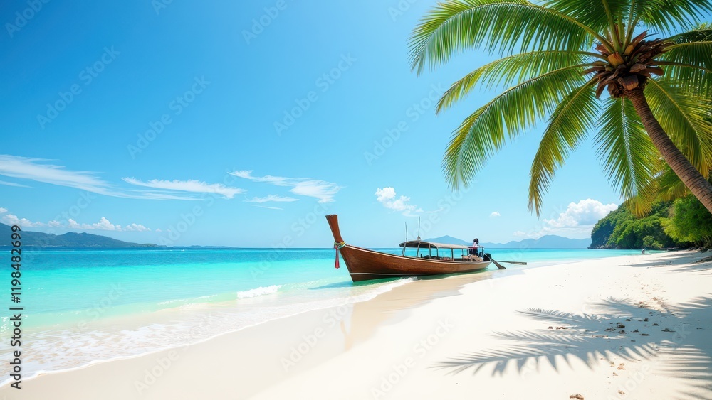An eye-level gaze at a sleek long-tail boat anchored on pristine white sands, its bow pointing toward the horizon. A majestic palm tree stands sentinel to the right, its elongated shadow stretching el An eye-level gaze at a sleek long-tail boat anchored on pristine white sands, its bow pointing toward the horizon. A majestic palm tree stands sentinel to the right, its elongated shadow stretching el
