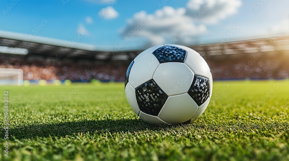 Fototapeta premium A soccer player kicking a ball with power, the ball flying towards the goal, stadium full of cheering fans