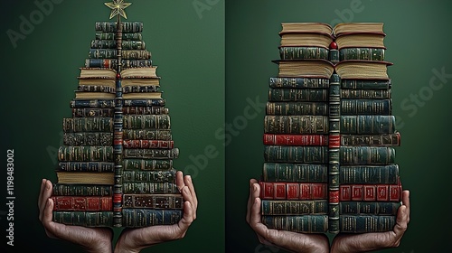 Christmas tree made of books on a green background, , Christmas concept representing the holiday season and reading day 