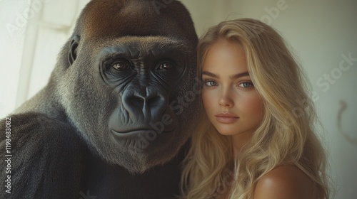 Gorilla, blonde woman, close-up portrait, unusual pairing.
